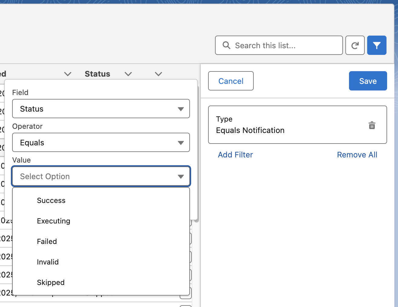Notifications tab filter panel for creating custom views