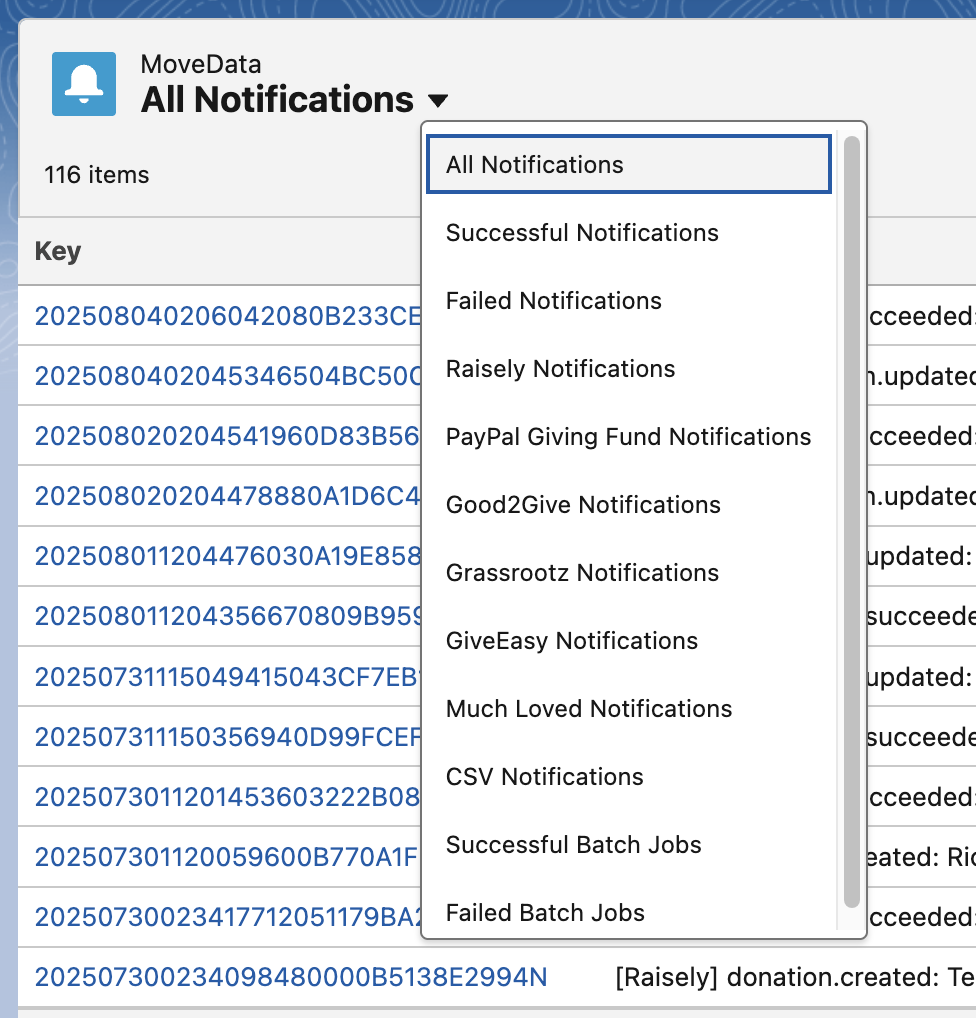 Notifications tab list view dropdown showing pre-built filter views