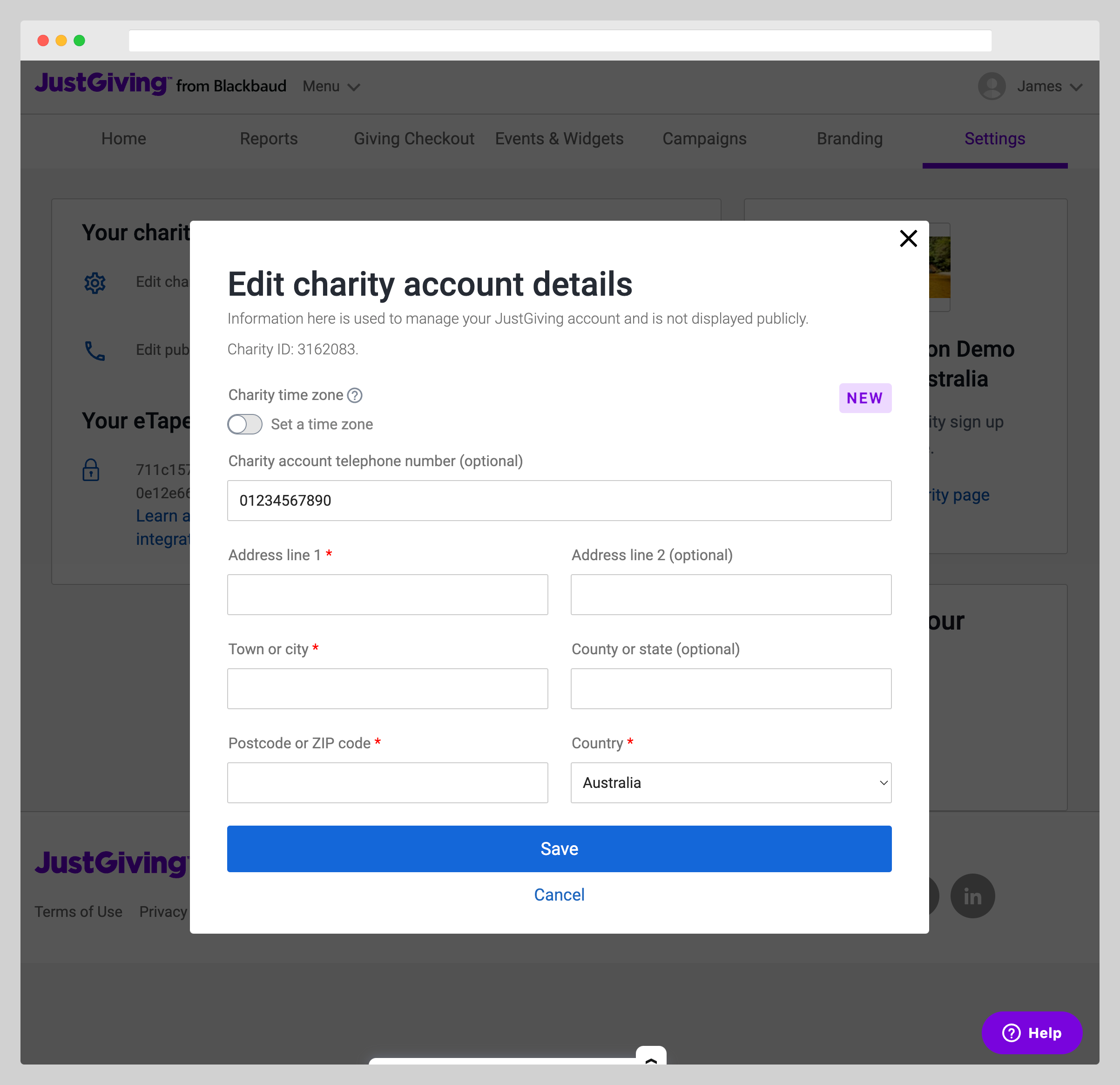 JustGiving Admin panel showing the Charity ID on the charity account details page