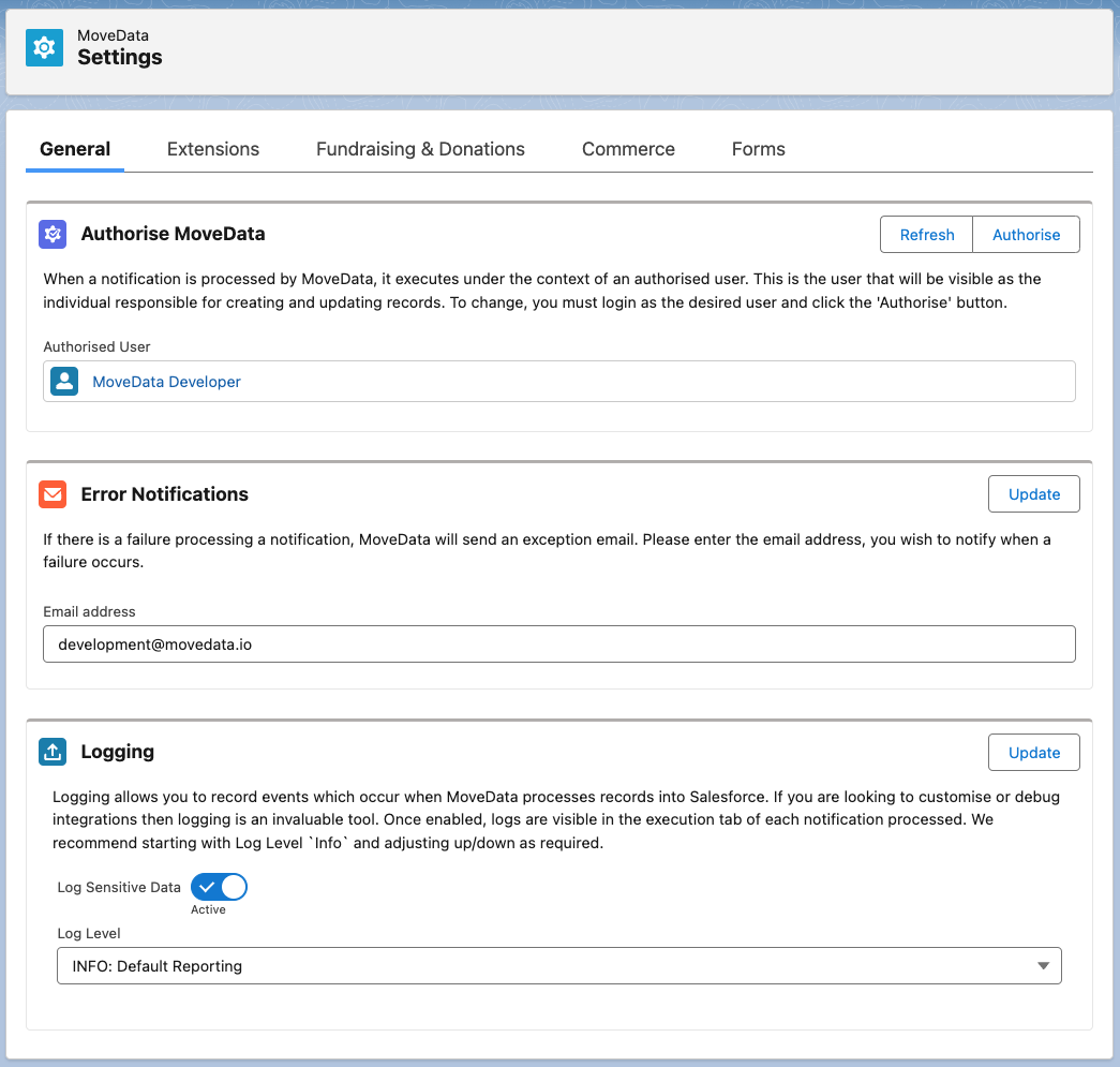 MoveData Settings page