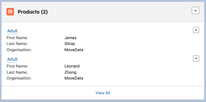 Products related list on an Opportunity record showing two Adult ticket line items with First Name, Last Name, and Organisation fields