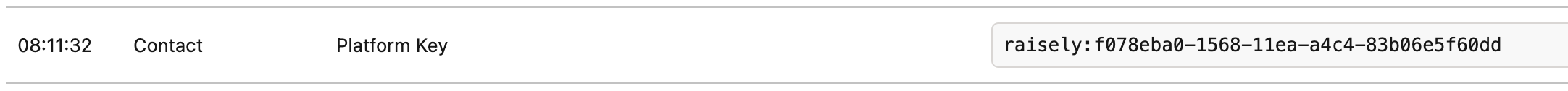 Execution log showing the generated platform key for a new contact