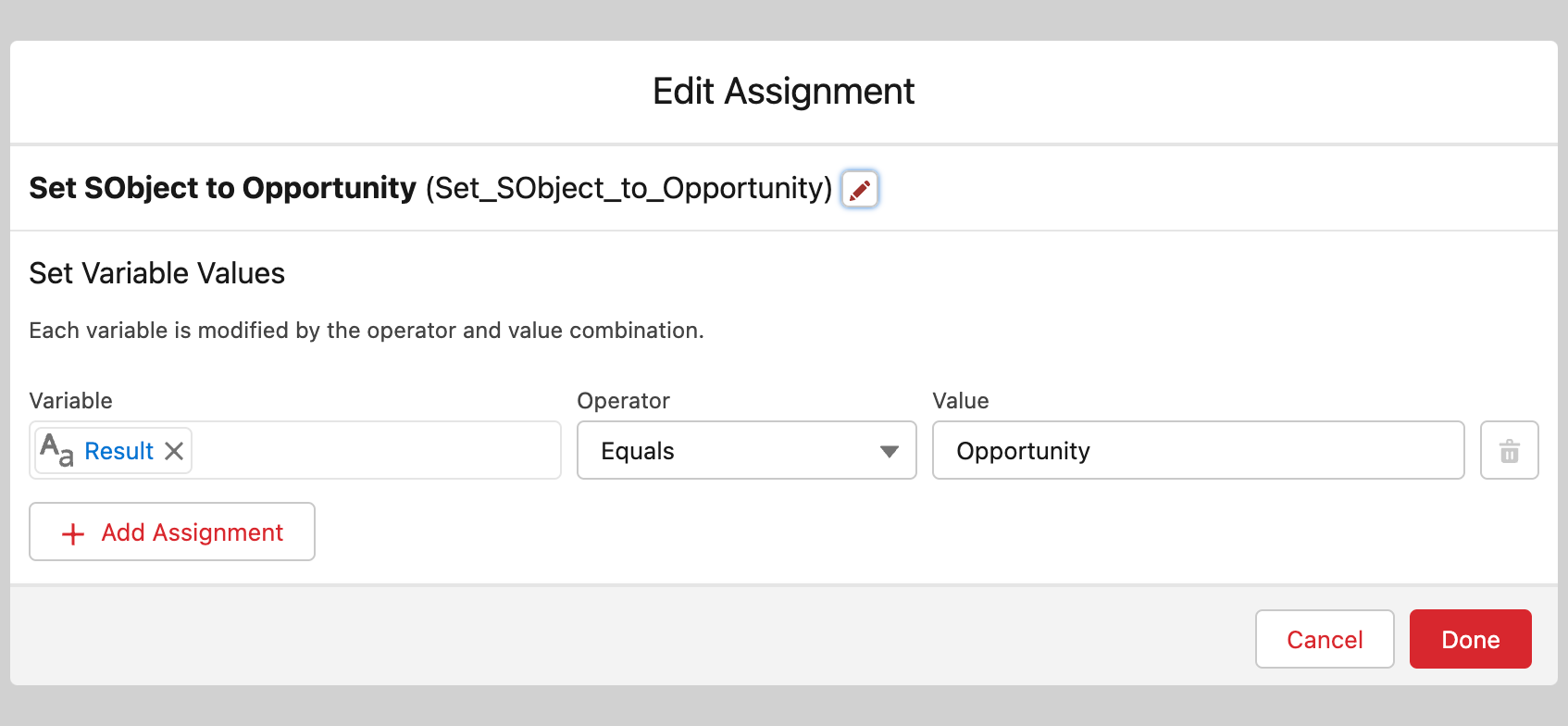 Set SObject flow action setting Result to Opportunity