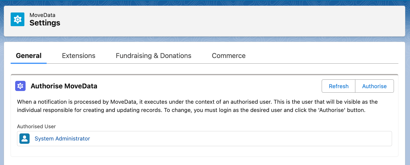 MoveData Settings authorisation section