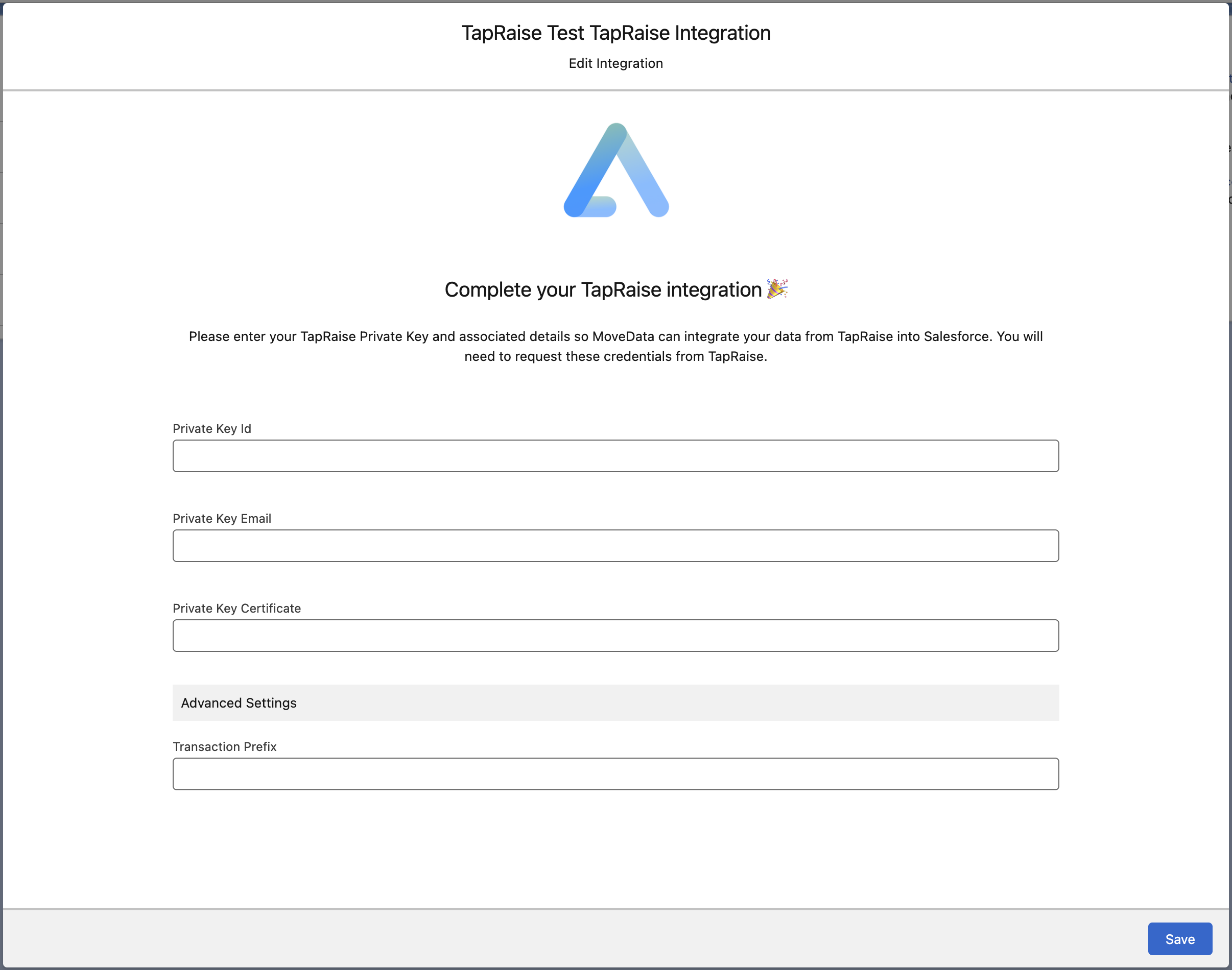 MoveData TapRaise integration page showing the Private Key ID, Private Key Email, and Private Key Certificate fields