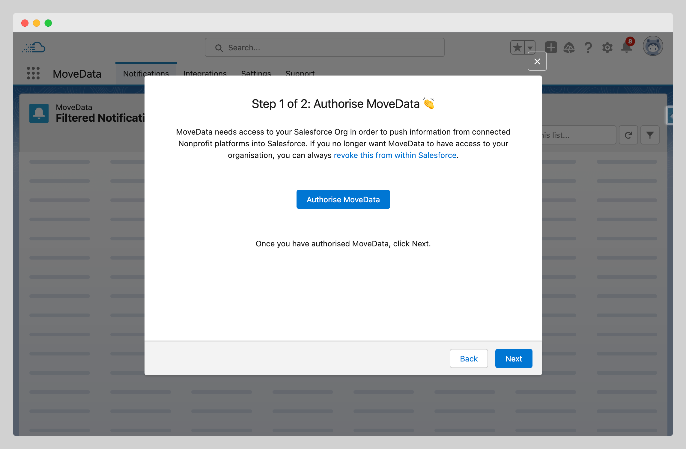 MoveData setup wizard authorisation step