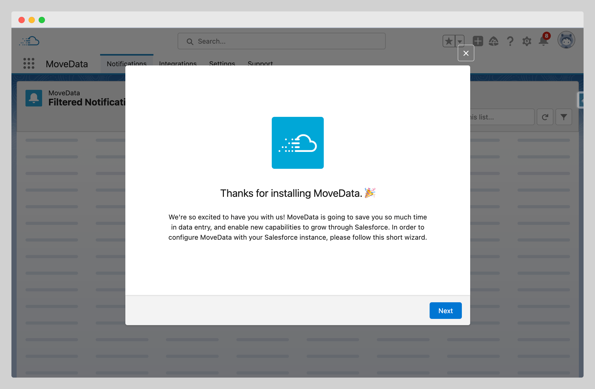 MoveData setup wizard welcome screen