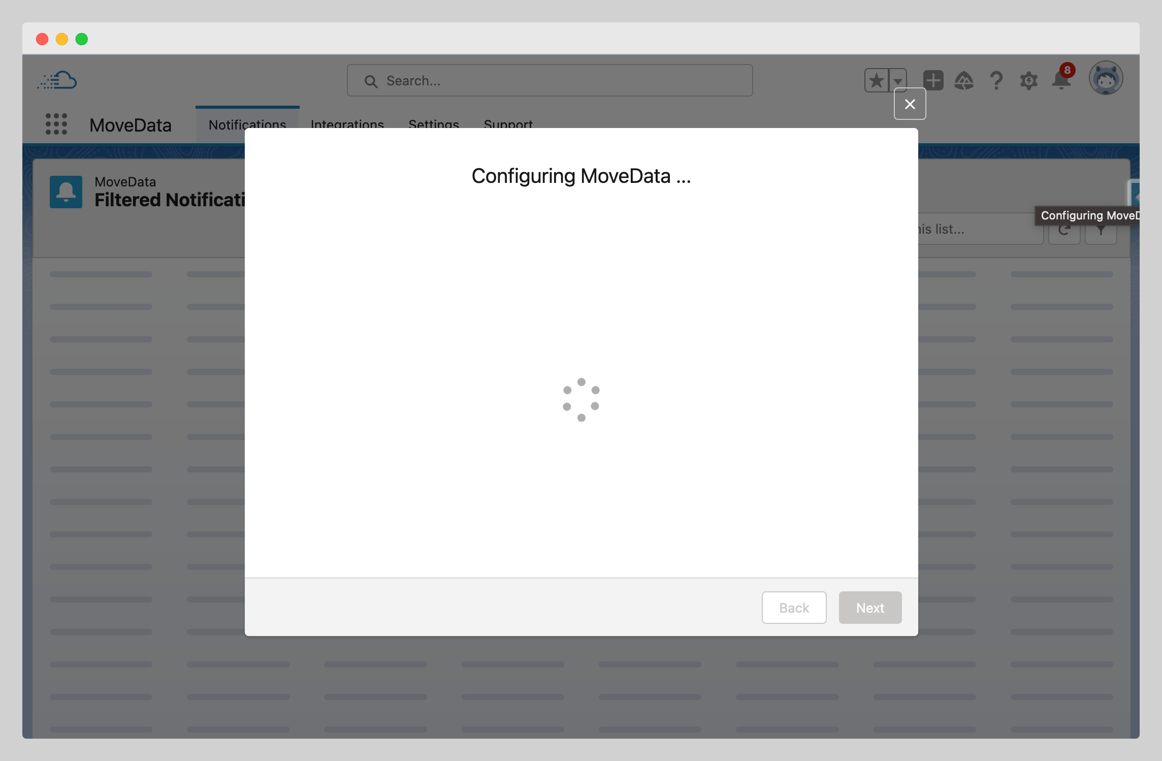 MoveData setup wizard automatic configuration in progress
