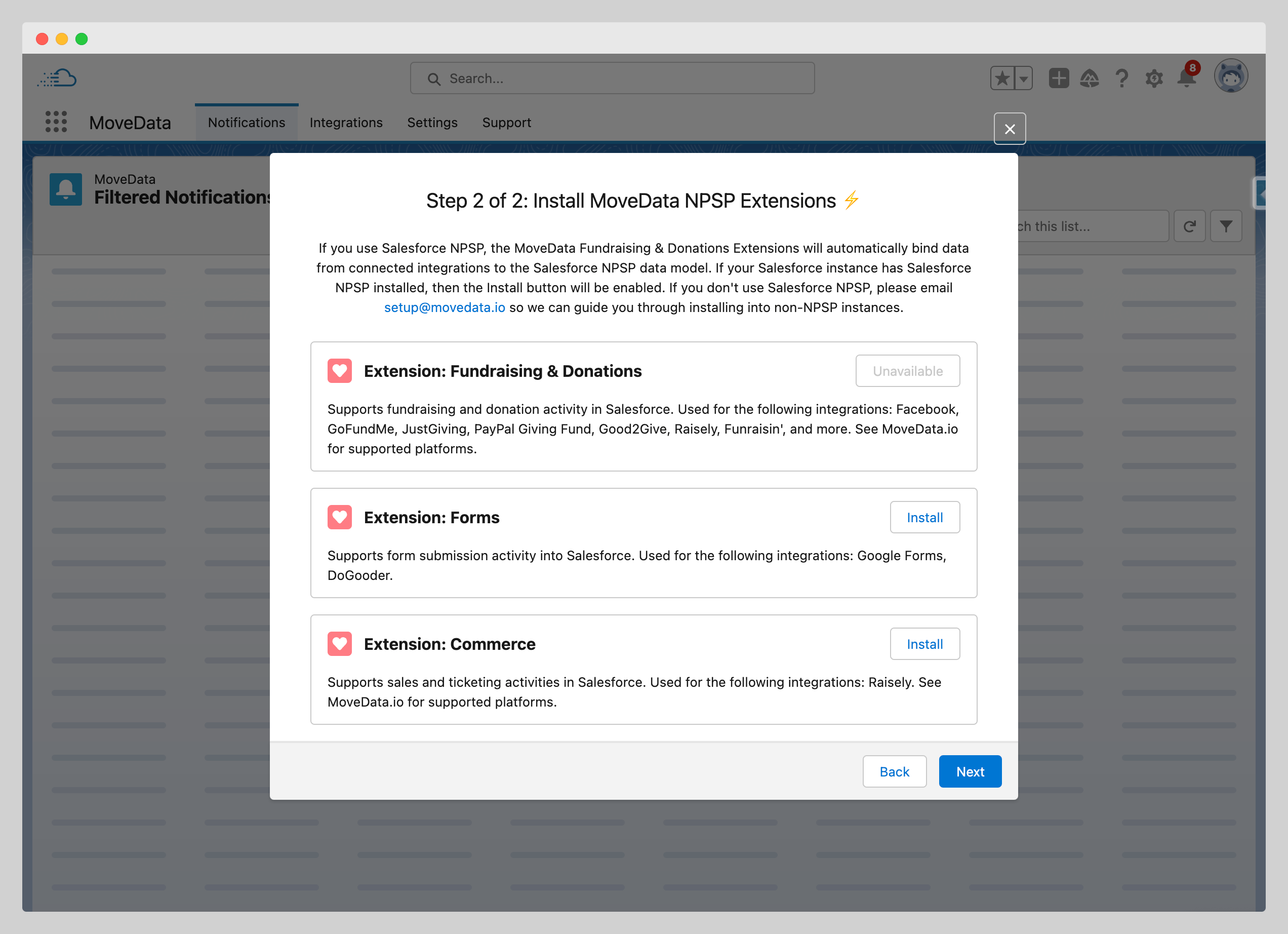 MoveData setup wizard extension selection screen