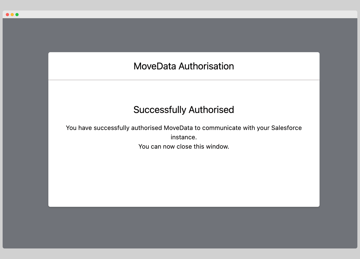 MoveData OAuth authorisation success