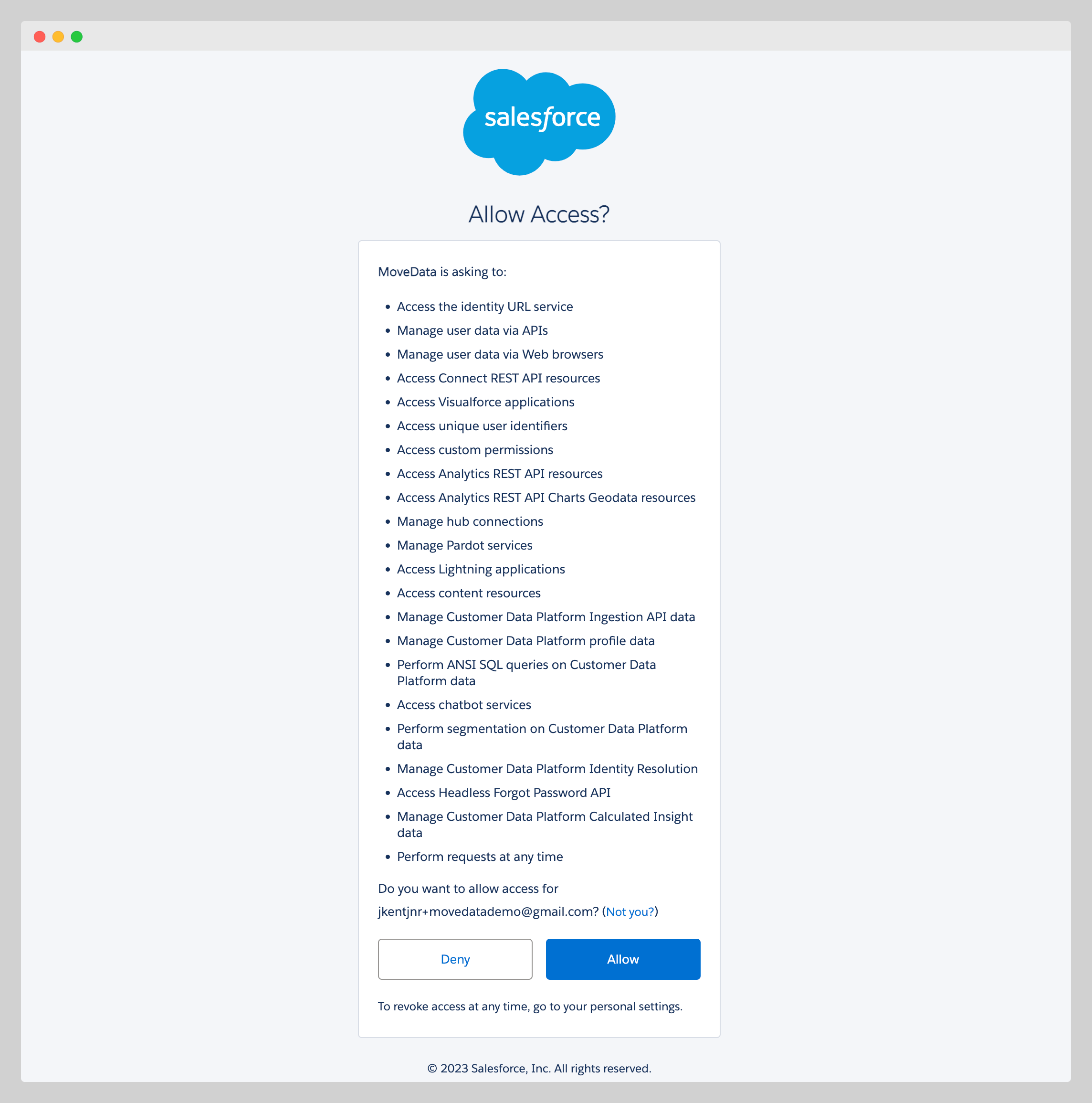 Salesforce OAuth permissions popup